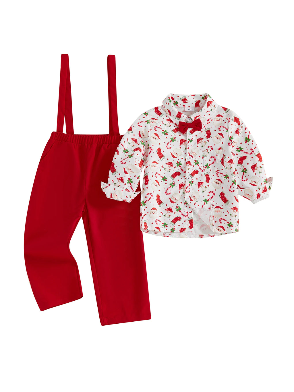 Infant Boys Christmas Outfit Set Gingerbread Print Shirt with Long Sleeves and Solid Color Overalls Pants 2-Piece Clothing