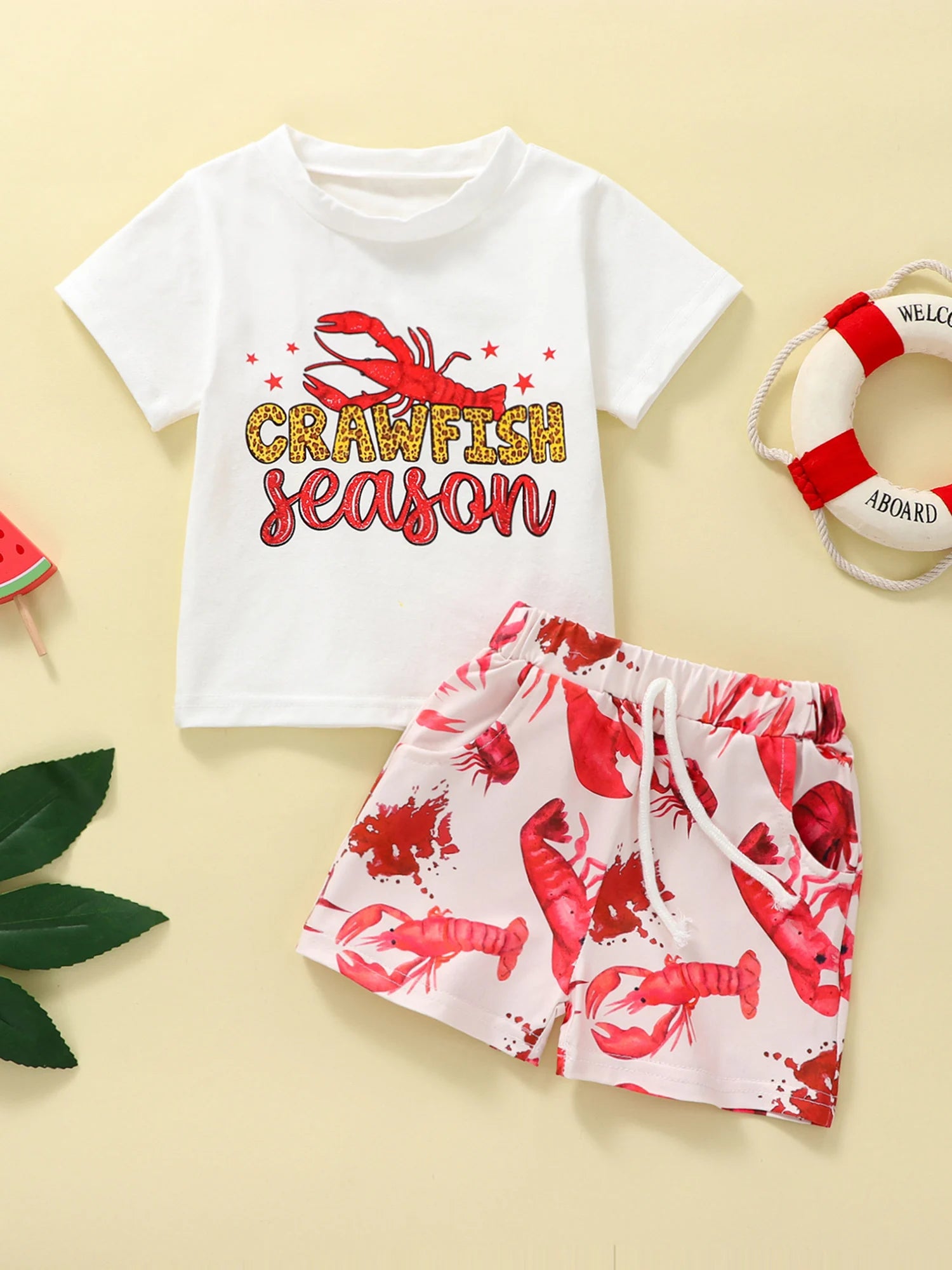 Children s Summer Clothing Set with Printed Crew Neck Short Sleeve T-Shirts and Matching Crawfish Print Shorts 2-Piece Outfit