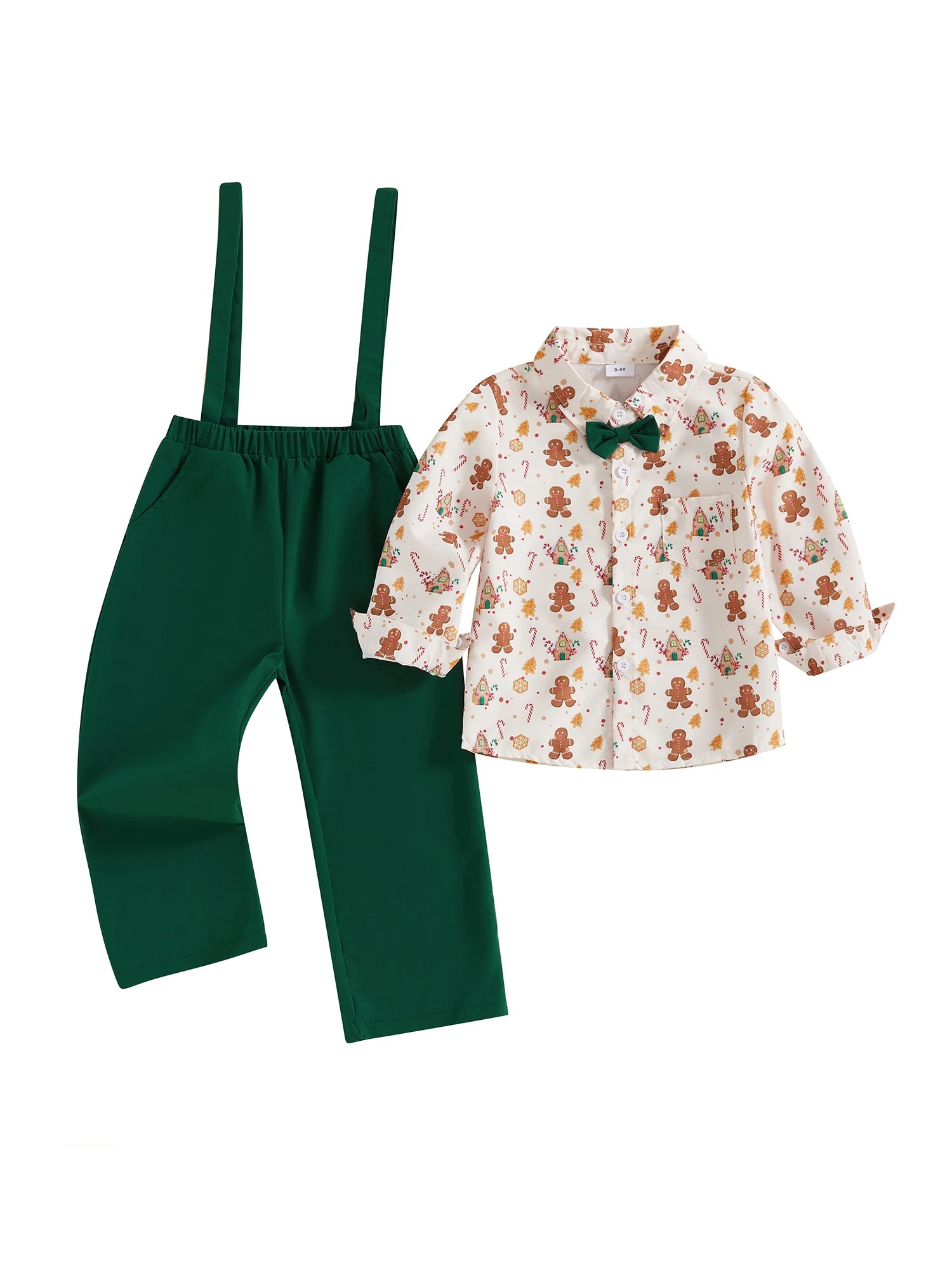 Infant Boys Christmas Outfit Set Gingerbread Print Shirt with Long Sleeves and Solid Color Overalls Pants 2-Piece Clothing