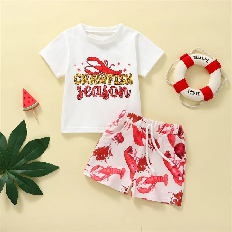 Children s Summer Clothing Set with Printed Crew Neck Short Sleeve T-Shirts and Matching Crawfish Print Shorts 2-Piece Outfit