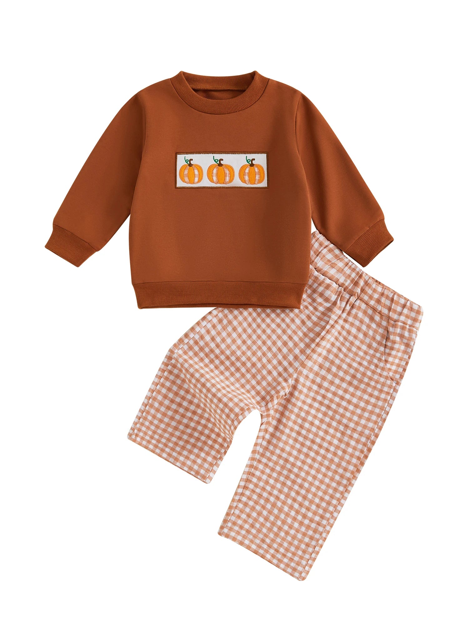 Cute Halloween Costume for Infant Pumpkin Embroidered Sweater and Plaid Pants Set Toddler Outfit 2 Piece Clothing