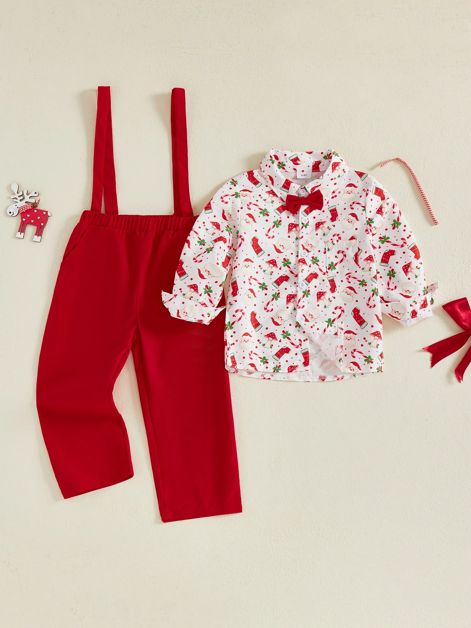 Infant Boys Christmas Outfit Set Gingerbread Print Shirt with Long Sleeves and Solid Color Overalls Pants 2-Piece Clothing