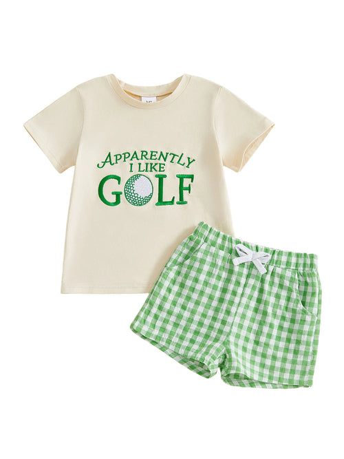 Boys Short Sleeve T-shirt and Plaid Shorts Set Kids Summer Outfit with Letters Print Toddler Clothing Set